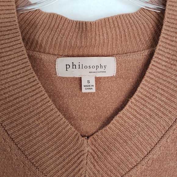 Philosophy V-Neck Sweater Womens S Ribbed Knit Long Sleeve Pullover Top Brown - Picture 3 of 8